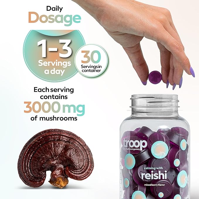 Troop Reishi Mushroom Gummies - Calming Gummies for Adults and Children - Focus Supplement for Stress, Relaxation, Immune Support - 4000mg Triple-Extracted Fruiting Body - Mixed Berry, 60 Count