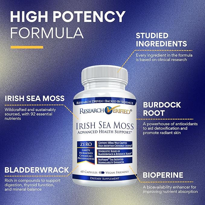 Research Verified Irish Sea Moss - Bladderwrack, Burdock, BioPerine - Rich in Prebiotics - Boost Immunity, Aid Digestion - 60 Capsules - Vegan - Made in The USA