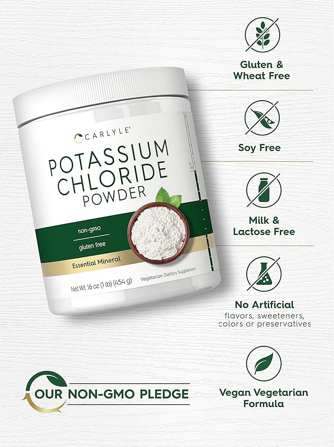 Carlyle Potassium Chloride Powder Supplement 16 oz | Food Grade | Salt Substitute | Vegan, Vegetarian, Non-GMO, Gluten Free