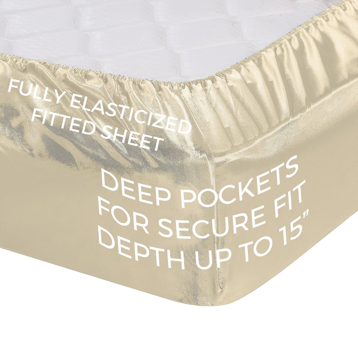 Pure Bedding Satin Sheets Queen [4-Piece, Ivory] Hotel Luxury Silky Bed Sheets - Extra Soft 1800 Microfiber Sheet Set, Wrinkle, Fade, Deep Pocket Fitted Sheet, Flat Sheet, Pillow Cases