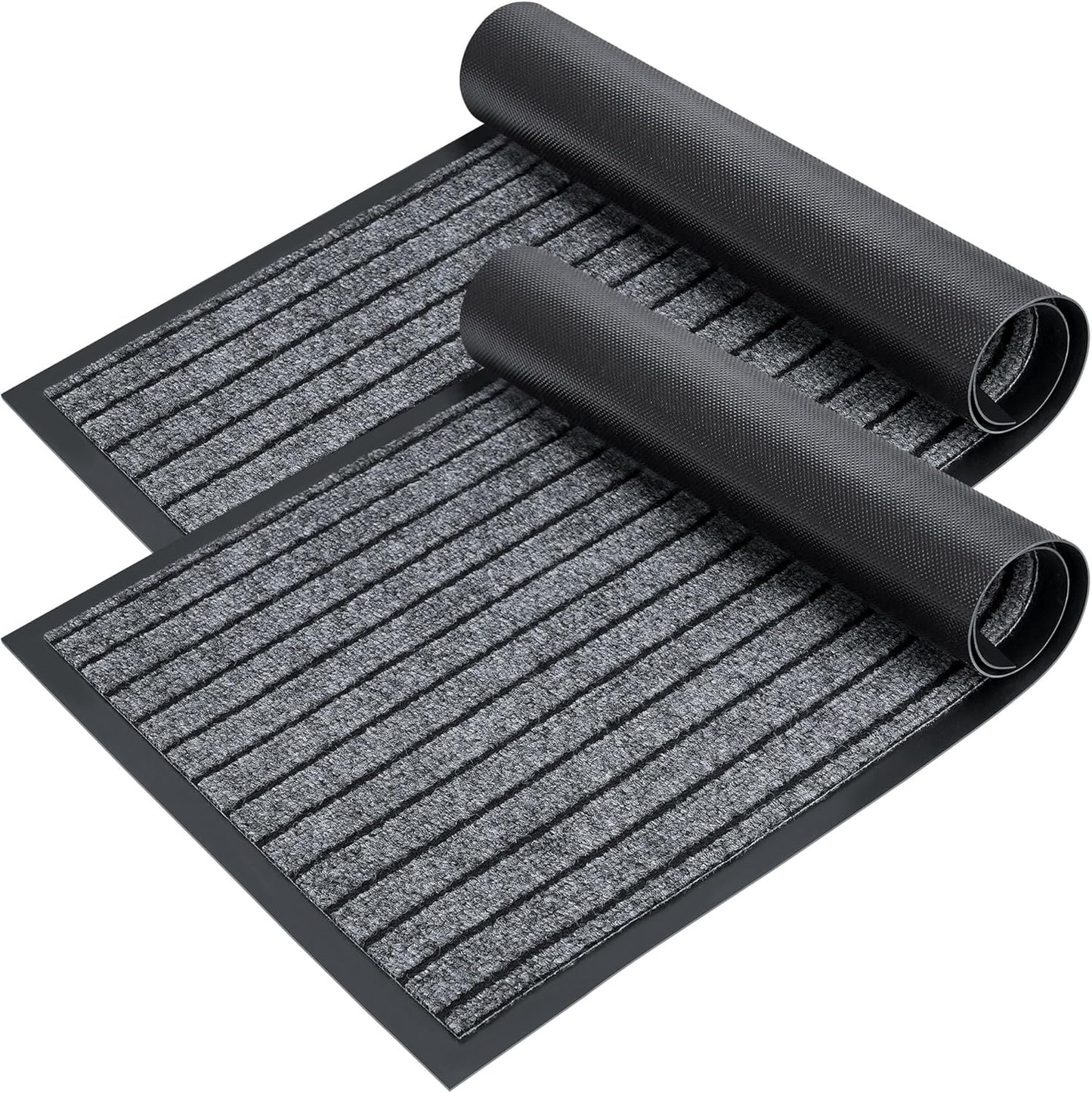 LotFancy 30" x 17" Set of 2 Front Door Mat for Indoor Outdoor Entrance, Dirt Traper Low Profile Easy Clean Doormat, Non Slip Welcome Mats for Patio Porch Garage Entryway, Dark Gray
