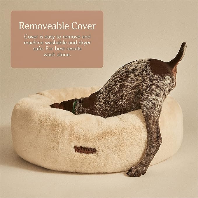 UnHide Floof Pet Bed - Medium (28" x 10") - Extra Soft Dog Bed - Removable Faux Fur Cover - Machine Washable - Helps Ease Pet Anxiety & Provides The Perfect Sleep - Beige Bear