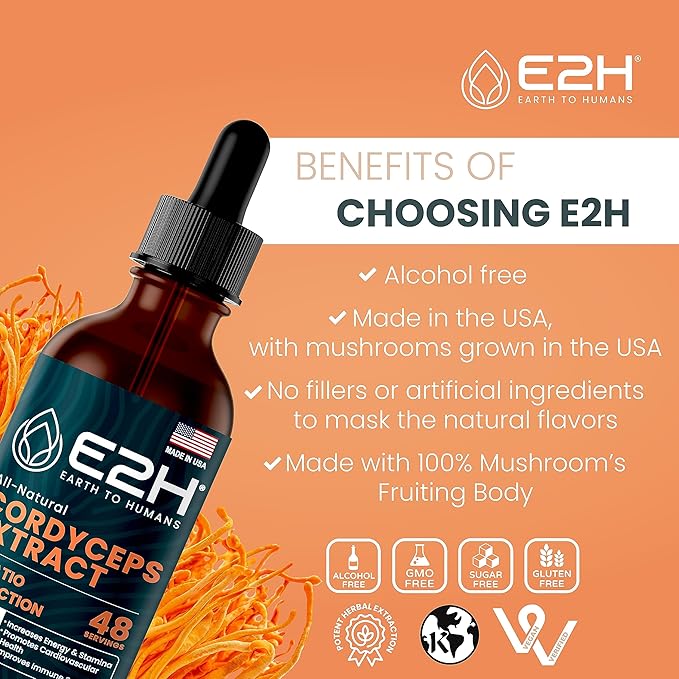 E2H Cordyceps Mushroom Extract - All-Natural Immune System, Energy & Stamina Support from Advanced Mushroom Supplement - Cordyceps Mushrooms Supplement - Non-GMO, Vegan - (2 Bottles)
