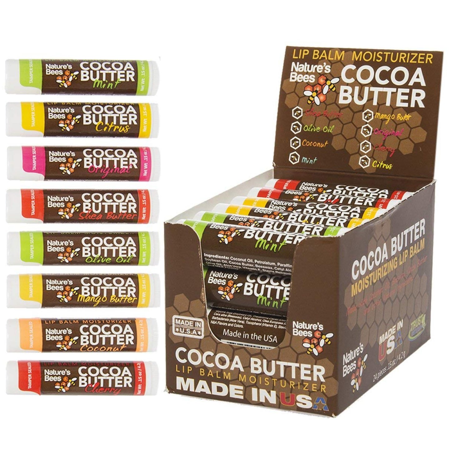 Nature's Bees - Cocoa Butter Lip Balm Moisturizer - Variety 24 Pack, 8 Flavors - Original, Olive Oil, Mango Butter, Shea Butter,