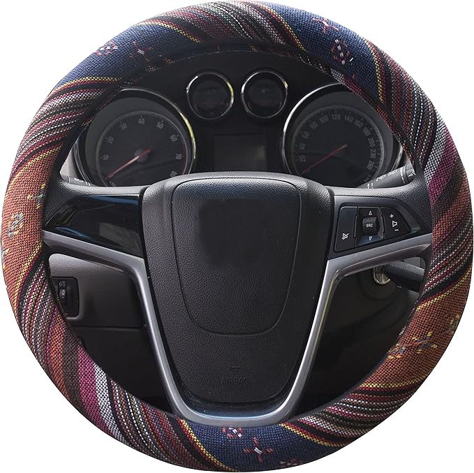 Medium Ethnic Style Coarse Flax Cloth Automotive Steering Wheel Cover Anti Slip and Sweat Absorption Auto Car Wrap Cover (14.5''-15'',F)