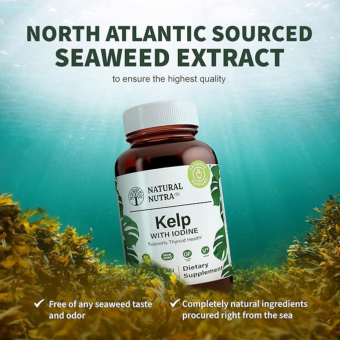 Natural Nutra Kelp Iodine Thyroid Support Supplement, Strengthens Immune System, and Regulates Metabolism, Vegan Sea Kelp, Non GMO, Atlantic Sourced Seaweed Extract, 225 mcg, 250 Tablets (Pack of 2)