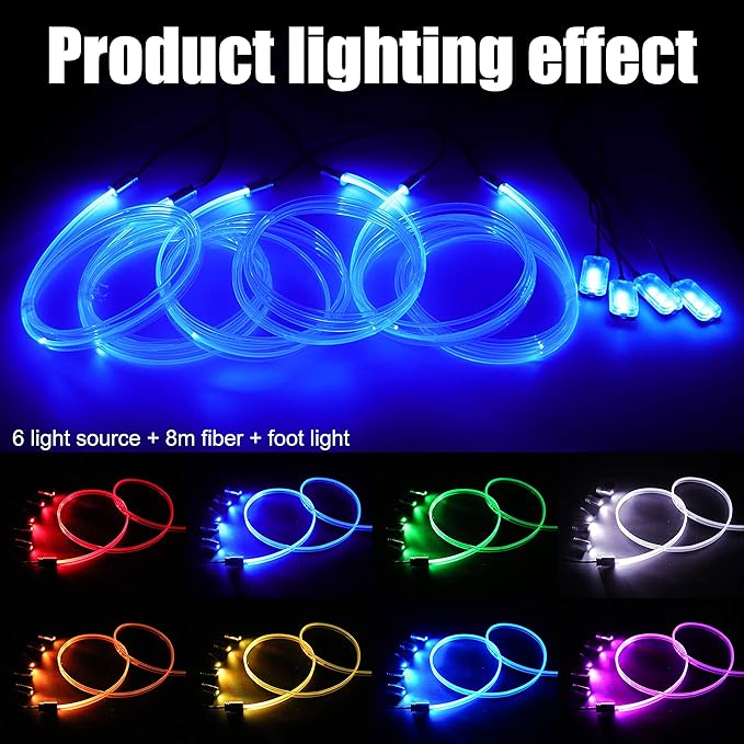 Car Interior Strip Lights, 6 in 1 Multicolor RGB Car Footwell Ambient Lighting Kit, 8m Fiber Optic EL Neon Tube Light, DIY Mode Music Sync APP Control DC 12V