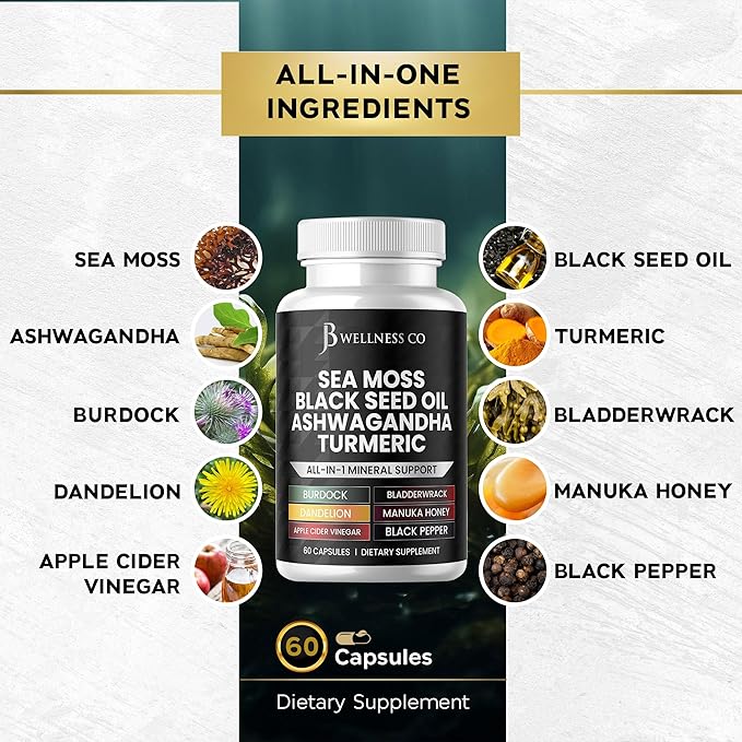 Sea Moss Black Seed Oil Ashwagandha Turmeric Bladderwrack Burdock - with Manuka, Honey Dandelion, ACV Black Pepper Gluten Free - 60 Count
