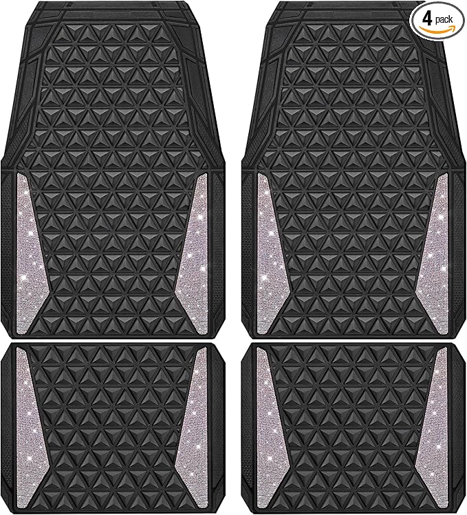 CAR PASS Bling Diamond Car Mats Rubber Floor Mats Full Set Anti-Slip 3D Rhombus Waterproof Trim Fit Liner Universal Glitter Crystal Sparkly Shining Rhinestone Girl Women SUV Sedan, Multicolor Diamond