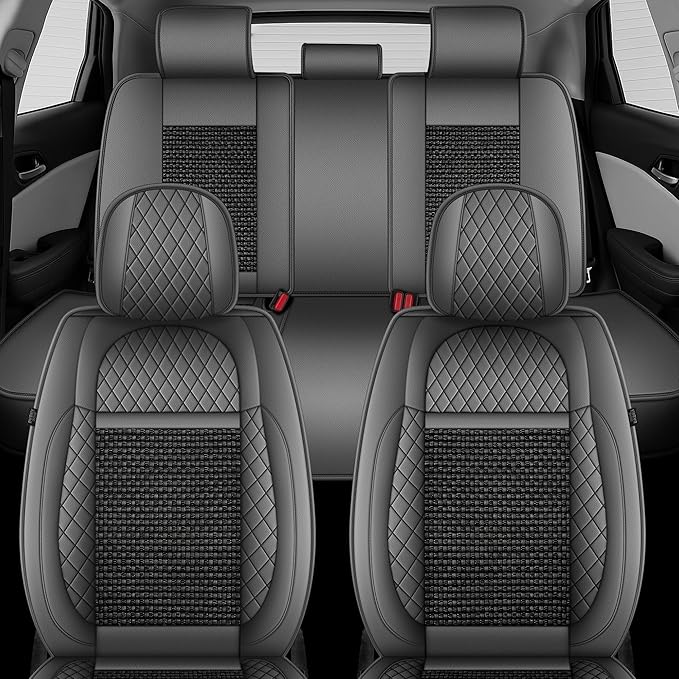 TTX LIGHTING for Kia Soul 2010-2026 Car Seat Covers, Breathable Ice Silk & Leather Seat Protector, Cool & Anti-Sweat for Long Driving, Airbag Compatible, 5 Seats Full Set (Black&Gray)