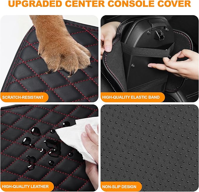 Center Console Cover for Cars Fit for Jeep Compass Leather Armrest Covers with 2 Storage Bags(Black&Red)