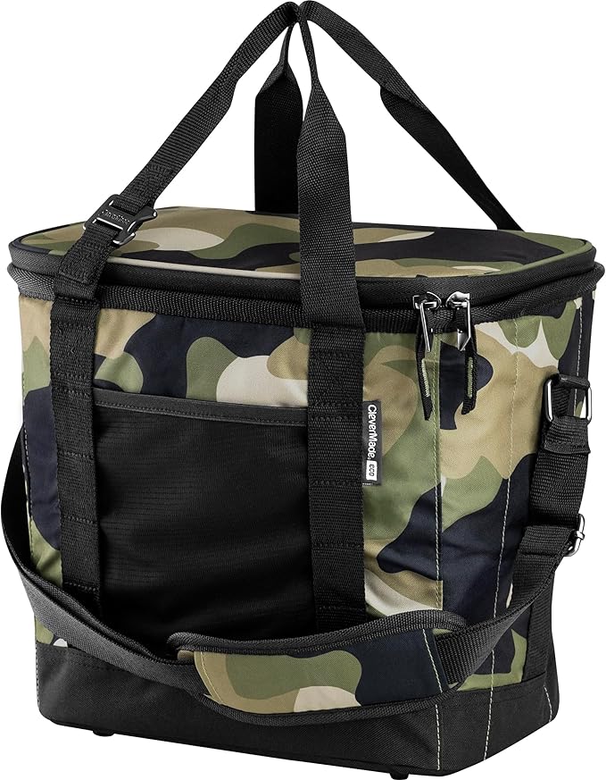 CleverMade Collapsible Insulated Cooler Bag – 24 Can Leakproof Soft Cooler for Beach, Travel, Car – Shoulder Strap, Bottle Opener – Camo