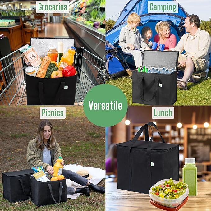 VENO 3 Pack Insulated Reusable Grocery Shopping Bag, Food Delivery, Cooler Bag, Heavy Duty, Large Size, Durable Handles, Dual Tab Zips, Lid, Stands Upright, Collapsible, Sustainable (Black, 3 Pack)