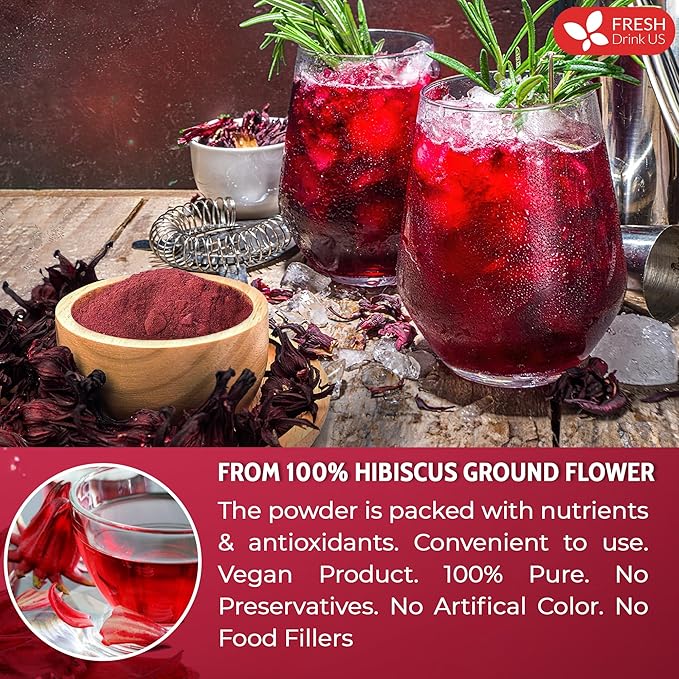 FreshDrinkUS, Premium 16oz Hibiscus Flower Powder, 100% Natural and Pure from Hibiscus Flowers, Natural Food Coloring, Hibiscus Flowers Tea, No Additives, No Gluten, No Sugar, Vegan