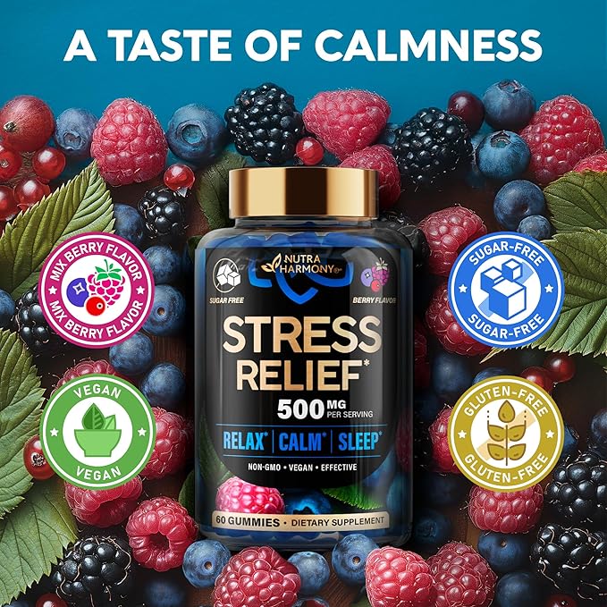 Stress Relief Support 500 mg - Relax, Calm & Sleep Support - Stress Gummies with L-Theanine | GABA | Ashwagandha | 5-HTP | Vitamin B6 & Magnesium - Sugar-Free, Vegan, Mixed Berry Flavor, Pack of 3