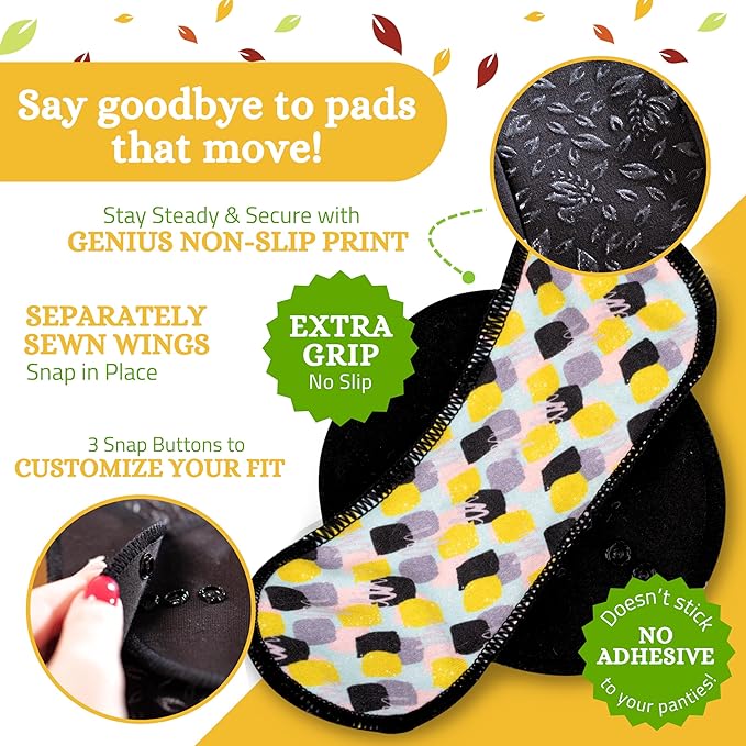 Non-Slip Organic Reusable Period Pads for Heavy Flow & Incontinence (L+XL, 6-Pack); High-Temp Cotton Washable Cloth Pads for Women; Non-Irritating, Soft Reusable Pad Menstrual for Comfortable Care