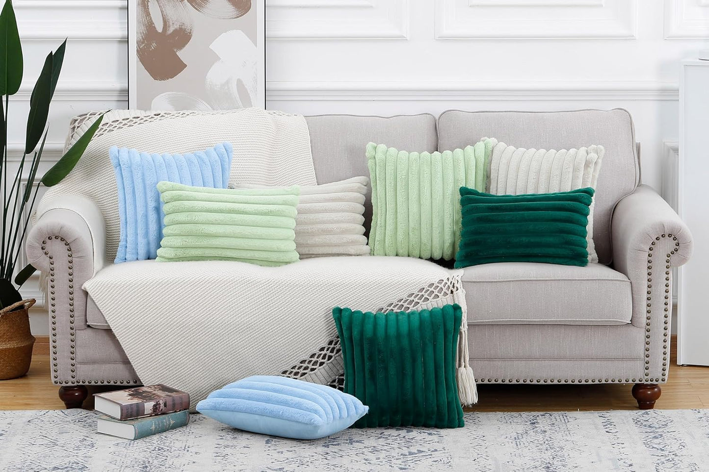 MADIZZ Set of 2 Faux Wool Plush Decorative Throw Pillow Covers 22x22 Inch Light Green Fluffy Striped Soft Decorative Cushion Cover for Sofa Bedroom Pillow Shell