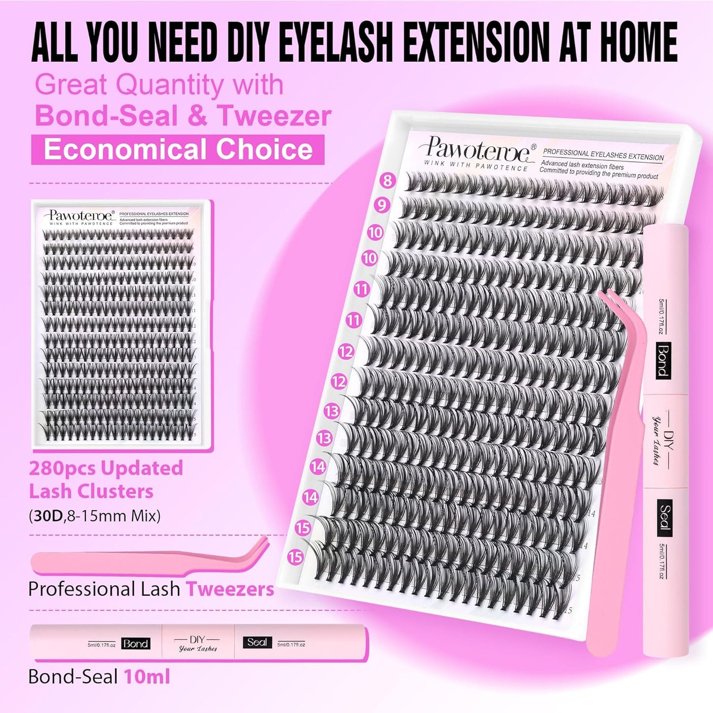Pawotence DIY Lash Extension Kit | 280pcs 50D Individual Clusters 9-16mm