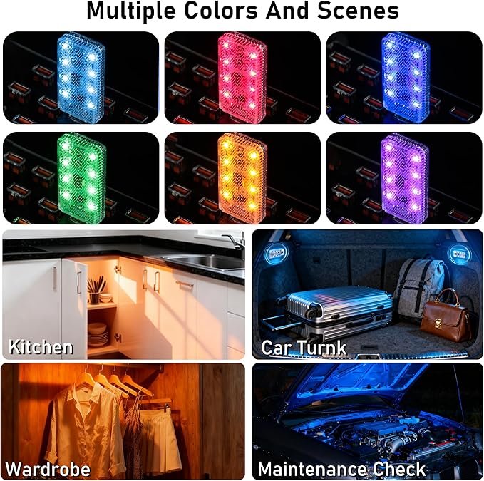 2 PCS Car LED Lights, Portable Magnetic Car USB Atmosphere Interior Light, 8 High-Brightness LED Beads, Rechargeable Touch-Sensitive Light for Vehicles, Bedrooms, Hallways, Camping(2 Red)