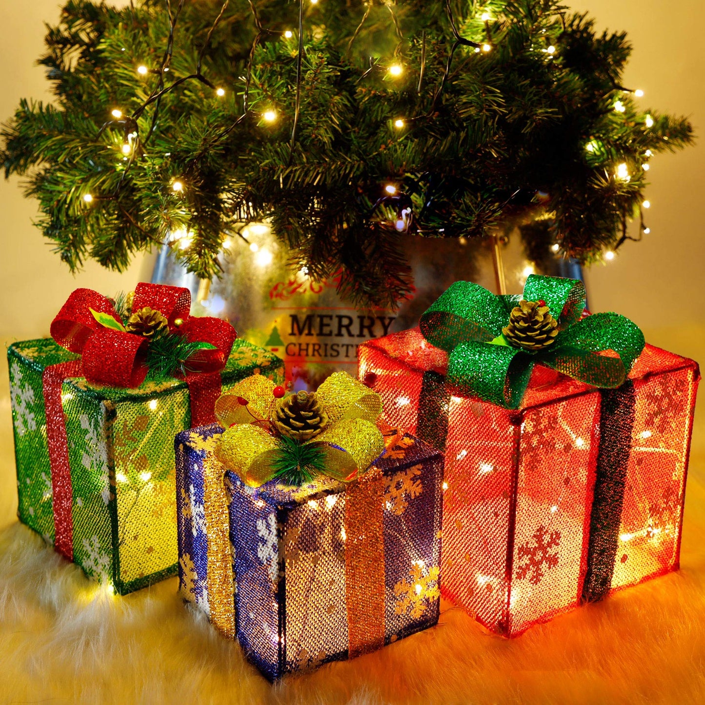 ATDAWN Set of 3 Lighted Gift Boxes Christmas Decorations, Snowflake Present Boxes, Christmas Home Gift Box Decorations