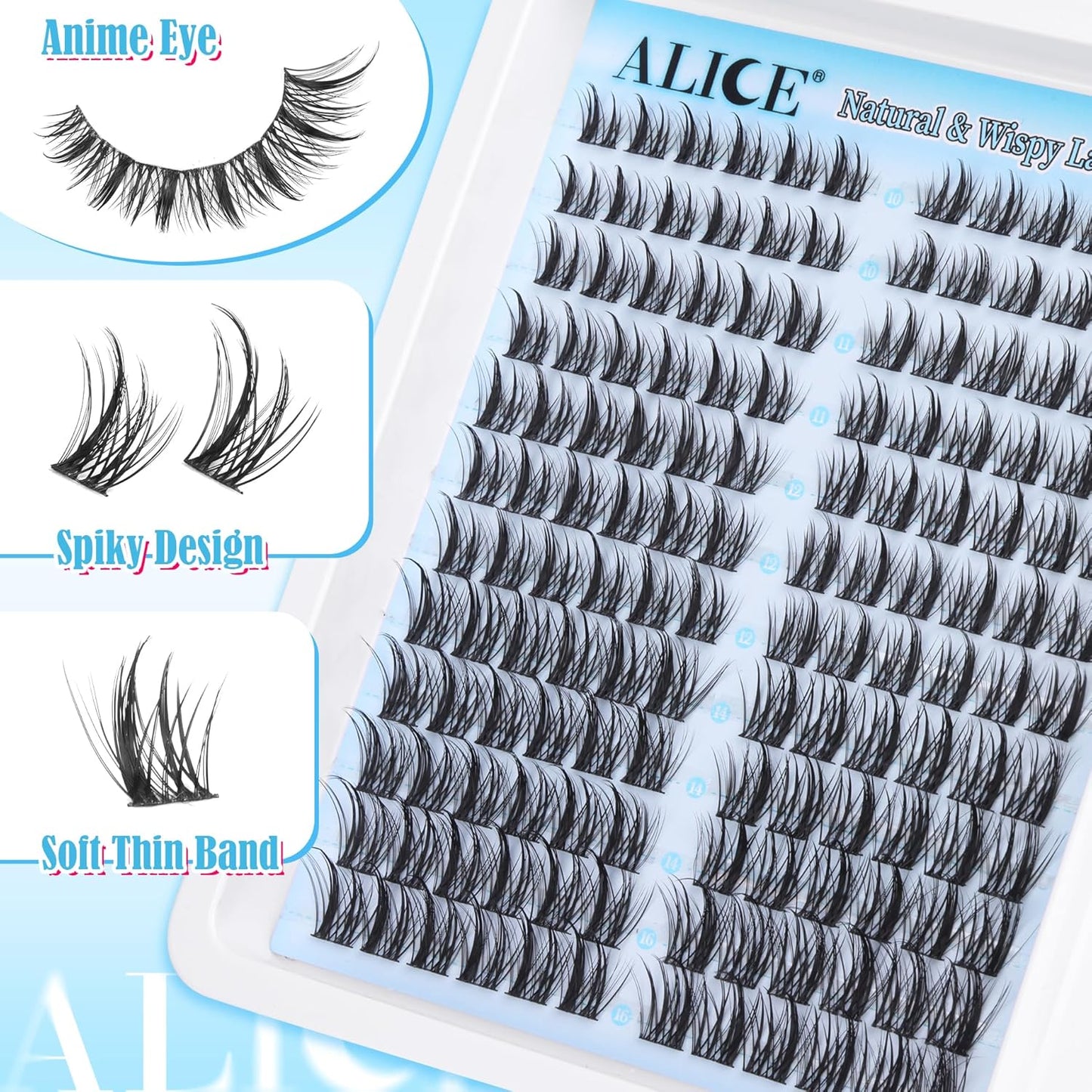 ALICE DIY Eyelash Extension Kit | 196pcs Natural Wispy Clusters | 10-18mm