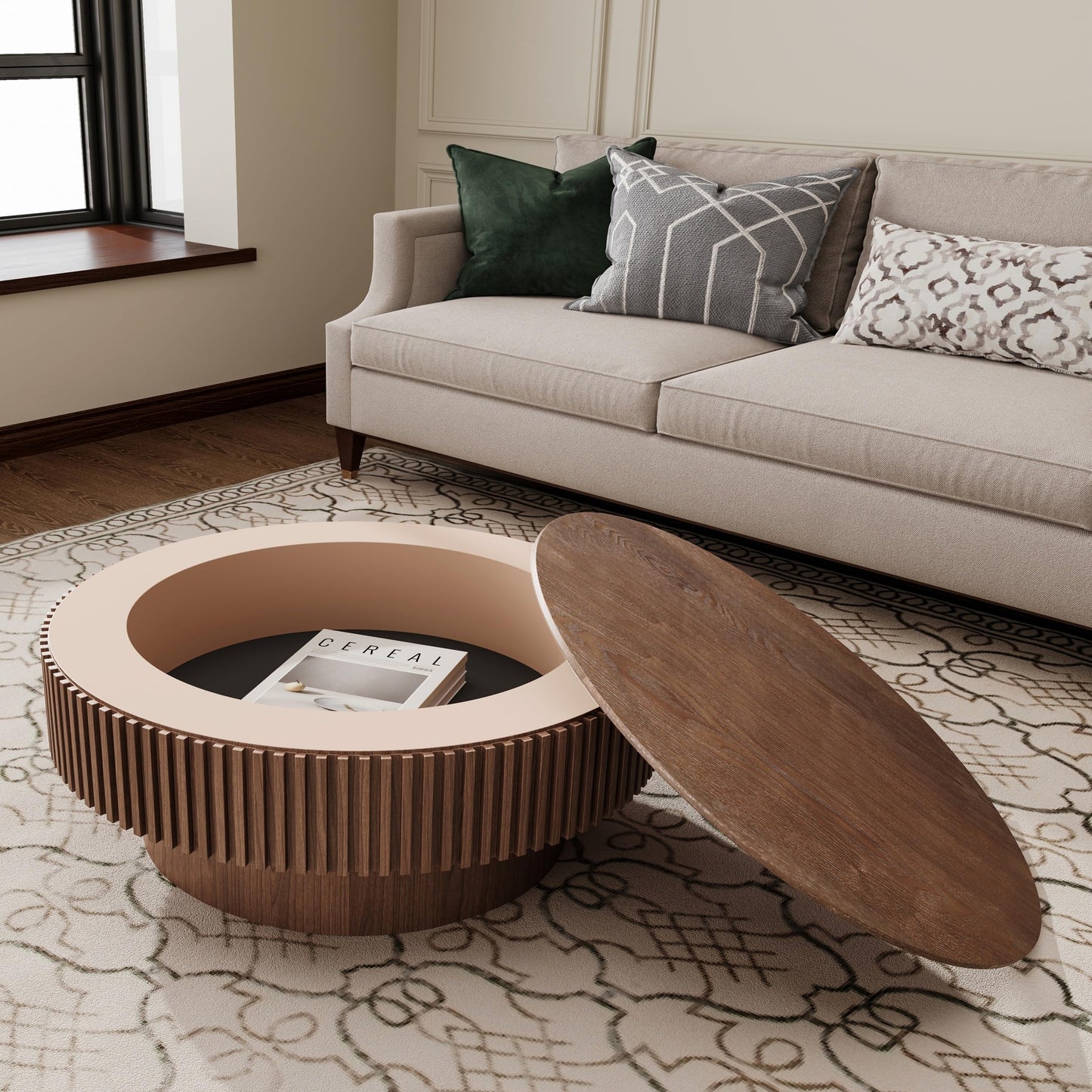 KIGFTSOD 31.5" Round Coffee Table with Hidden Storage, Solid Wood Drum Coffee Table Tea Table for Living Room, Bedroom, Apartment or Office, Walnut