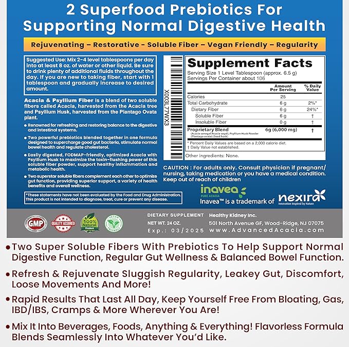 Kidney Restore Organic Acacia & Psyllium Husk Fiber Powder - Prebiotic & Natural Supplement - Soluble Acacia & Psyllium Husk Powder - 1.5 lbs (48oz), 2 Packs