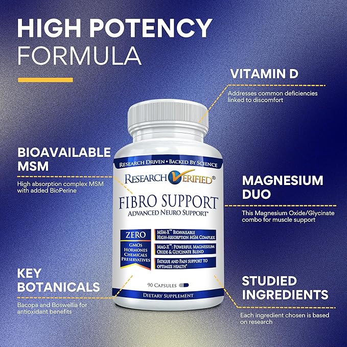 Research Verified Fibro Support - 90 Capsules - MSM, Magnesium, Vitamin D3, BioPerine - 1 Month Supply - Vegan
