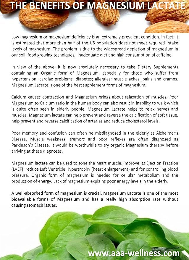 Magnesium Lactate 500 mg, 120 Easy to Swallow Small Vegetarian Capsules. Doctor formulated. High Absorption. Recycled Eco-Friendly Paper Bags for Original Purchases or Bottle Refills. Made in USA.