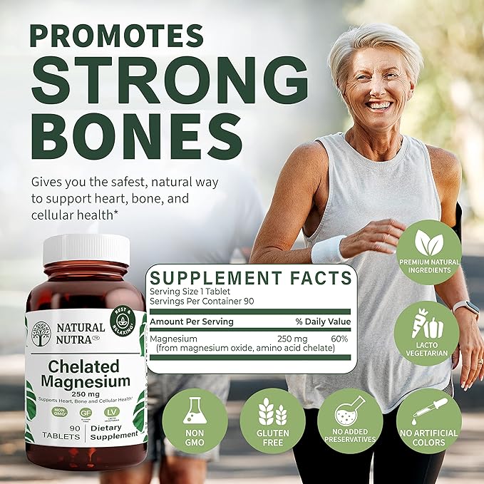 Natural Nutra Chelated Magnesium Oxide 250mg- High Absorption for Strong Bones, Heart Health, Improves Dental Health, Energy Boost, Gluten-Free, Non-GMO, 90Tablets in BPA-Free Recyclable Glass Bottles