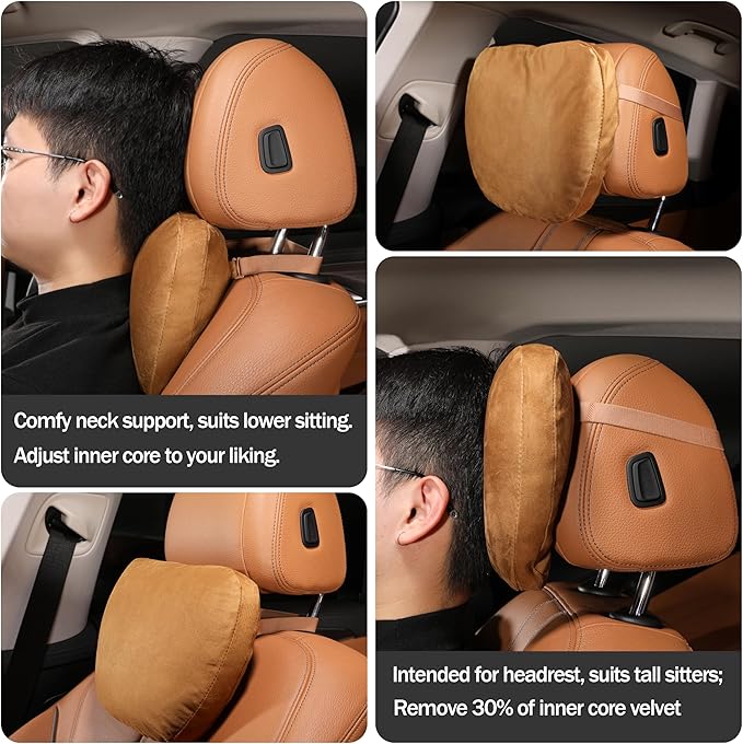 Genuine Leather Car Neck Pillow for headrest,Support Drive Seats Head Cushion,Real Cow Leather,11.8x7.5”,Plant-Based Polyester,Thickness & Height Adjustable,Inner Liner fillable(Coffee,1p)