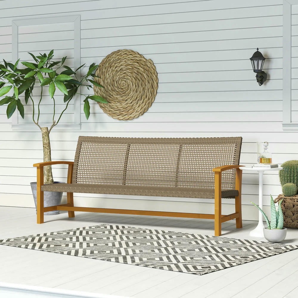 GVN Outdoor Couch Patio Sofa,3-Seat Wicker Outdoor Couch Patio Sofa, Acacia Wood Patio Furniture with Steel Seat Armrests, Teak