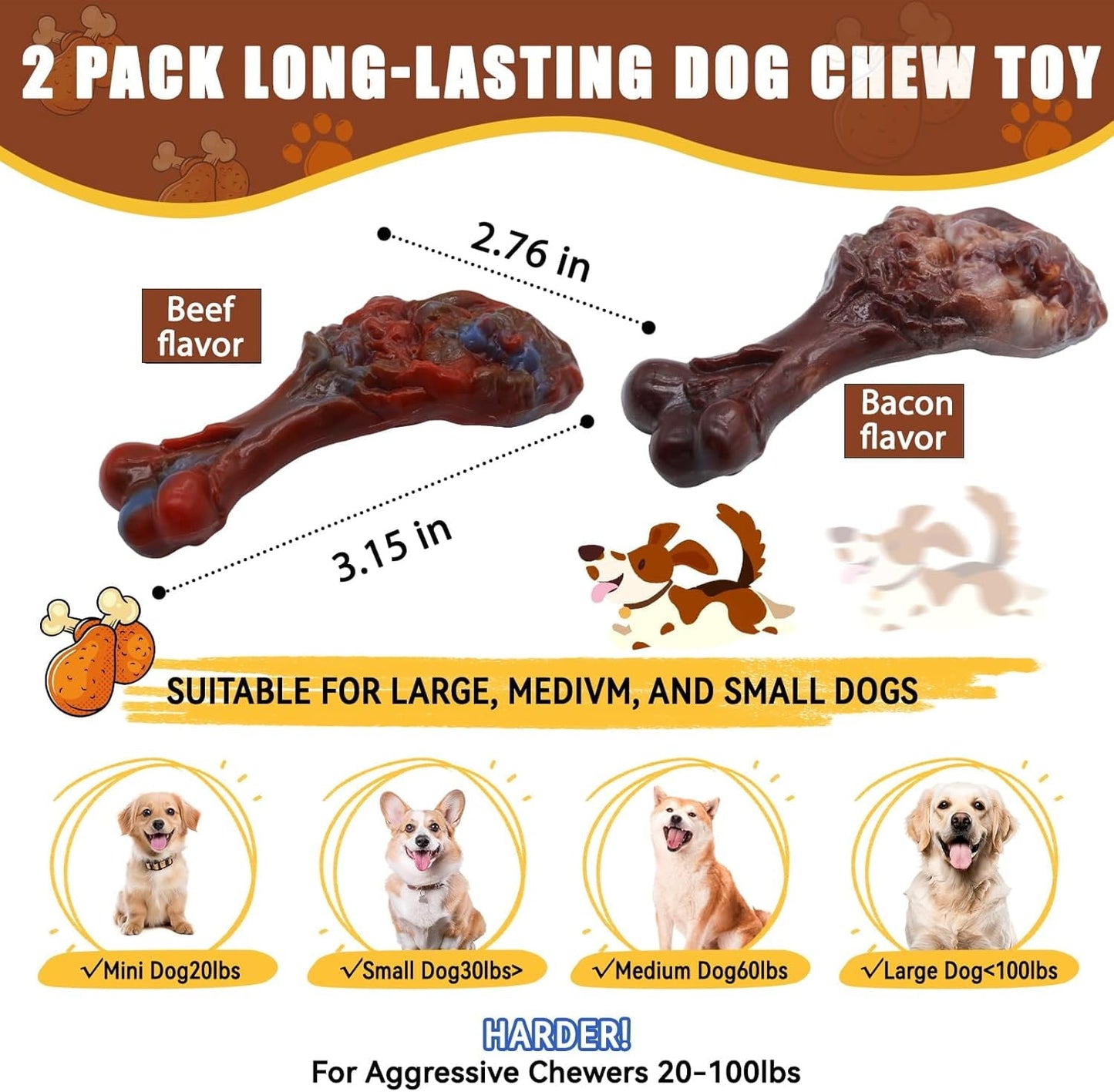 Magicorange Dog Chew Toys for Aggressive Chewers, Dog Toys for Medium Large Dogs, Tough Nylon Concealable Food Toys (Beef+Bacon Flavor, 2 Pack)