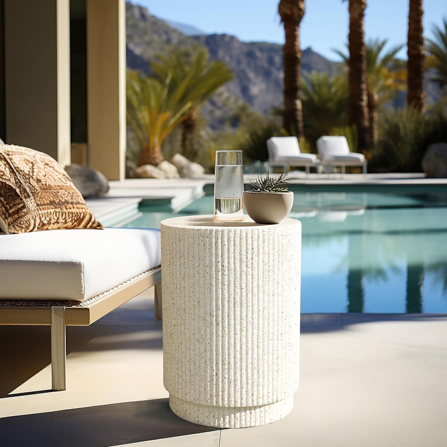 LuxenHome Cream Cement Round Outdoor Side Table, End Tables for Patio, Garden Small Accent Decorative Stool,  Stand Drum Table Indoor and Outdoor