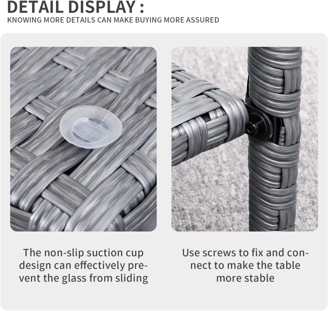 Outdoor Wicker Glass Top Side Table - Patio Rattan Square End Table with Storage, Grey
