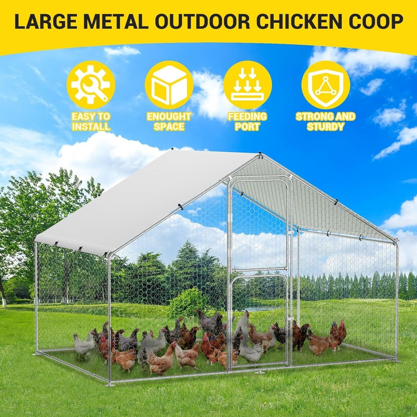 Large Metal Chicken Coop Run with Double Doors & Waterproof Roof Cover, Outdoor Walk-in Cage Peak Hen House for Yard Farm, 9.8' W x 6.5' D x 6.5' H