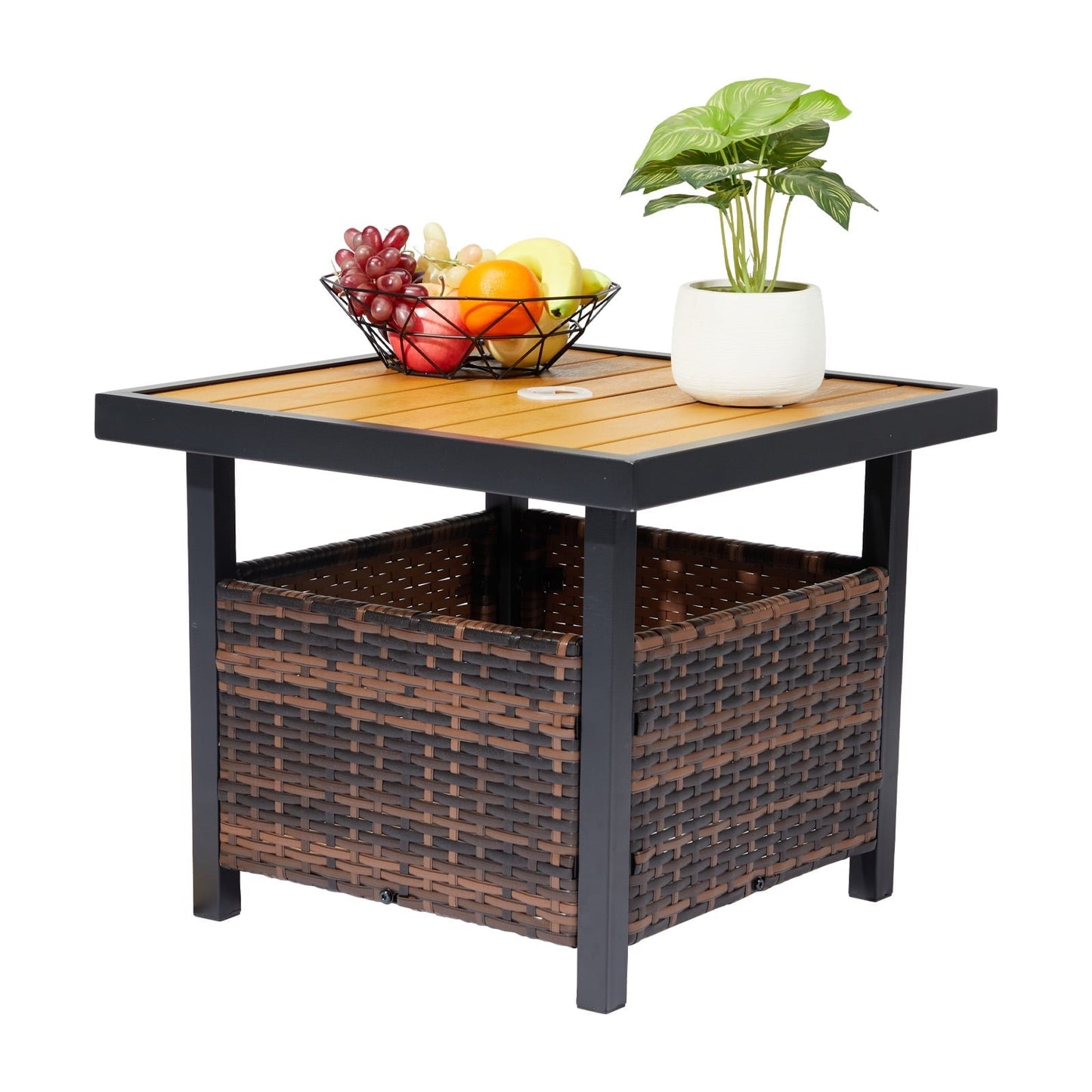 Funnil Patio Wicker Rattan Steel Side Table with Umbrella Hole, All-weather Use Rattan Coffee End Table for Deck, Porch, Garden, Indoor&Outdoor, Brown
