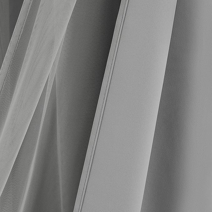 Bujasso Grey 90% Blackout Curtains with Sheer Overlay Mix and Match Double Layer Window Curtains Thermal Insulated 90 inch for Living Room Bedroom Gray Drapes with Tiebacks Grommet Top 54" Wx90 Lx2