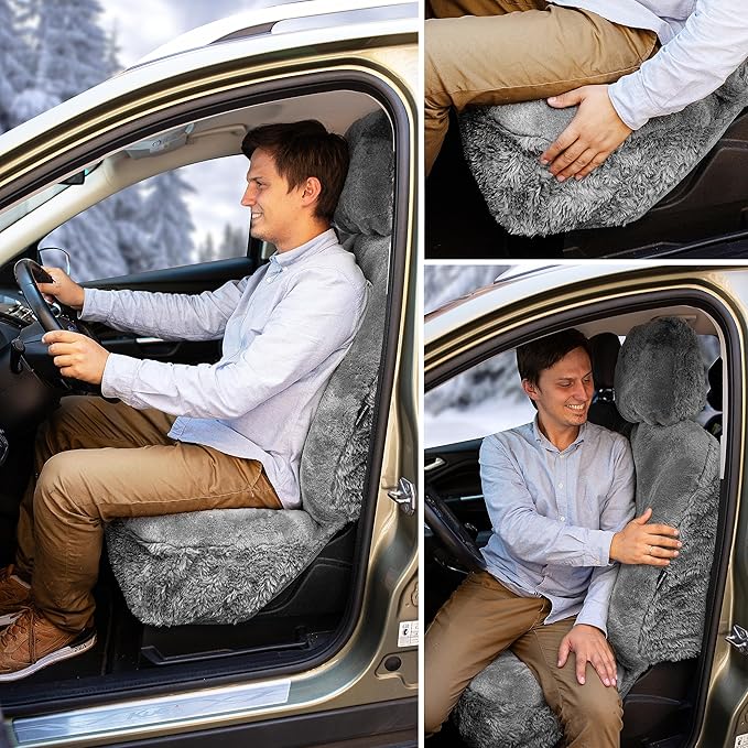 ZONETECH Sheepskin Seat Covers Fuzzy Car Seat Covers Grey Australian Merino Wool Fluffy Fur Auto Accessories All Season Protection for Your Seats Universal Fits Most Car SUV Airbag Compatible