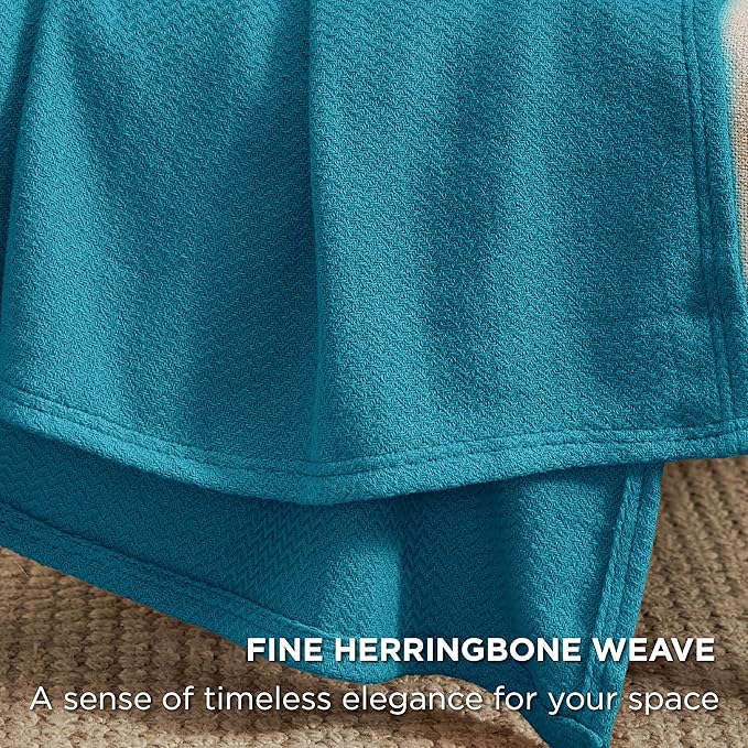 Bedsure 100% Cotton Blanket Queen Size for Bed - Breathable and Lightweight, Soft Cozy Textured Herringbone Woven Blanket for Summer Spring, Teal, 90x90 inches