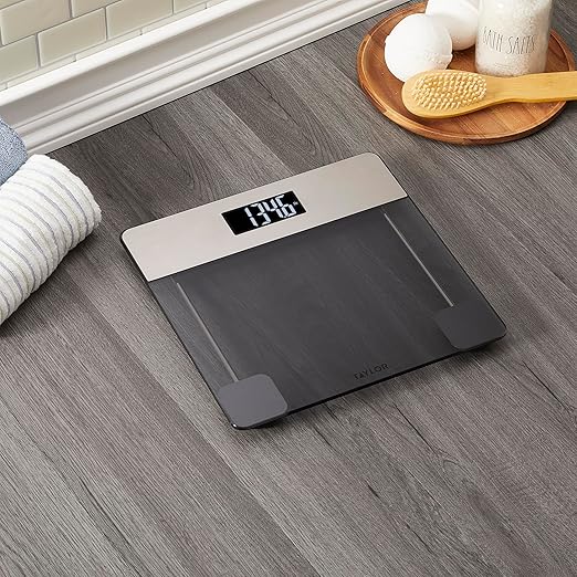 Taylor Digital Glass Bathroom Scale, Scale for Body Weight, Digital Weighing Machine for People, Tinted Glass and Brushed Stainless Steel Accents, 440 lb Capacity, Vanishing LED, Tinted, Clear