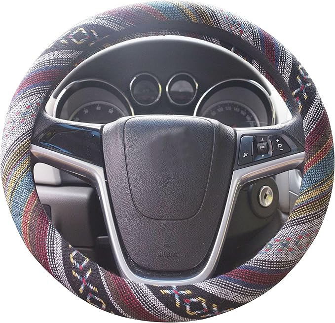 Large Ethnic Style Coarse Flax Cloth Automotive Steering Wheel Cover Anti Slip and Sweat Absorption Auto Car Wrap Cover (15.25''-16'', E)