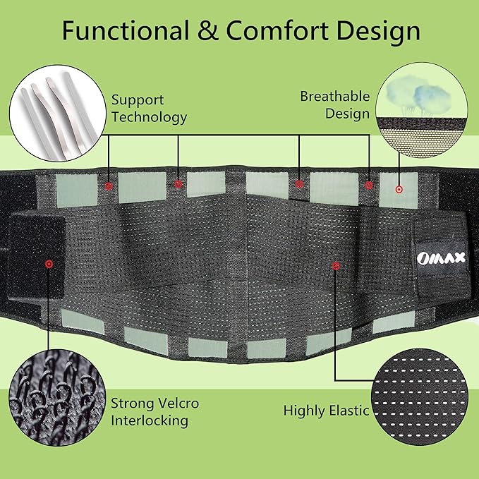 OMAX Lumbar Back Brace Immediate Lower Back Pain Relief, Dual Adjustable Support Straps for Men/Women for Work, Breathable Mesh Support Belt for Herniated Disc, Sciatica, Black, M 35"-39"