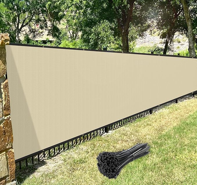 Windscreen4less Privacy Fence Screen Heavy Duty Windscreen Fencing Mesh Fabric Shade Net Cover with Brass Grommtes for Outdoor Wall Garden Yard Pool Deck, 8'x150' Beige
