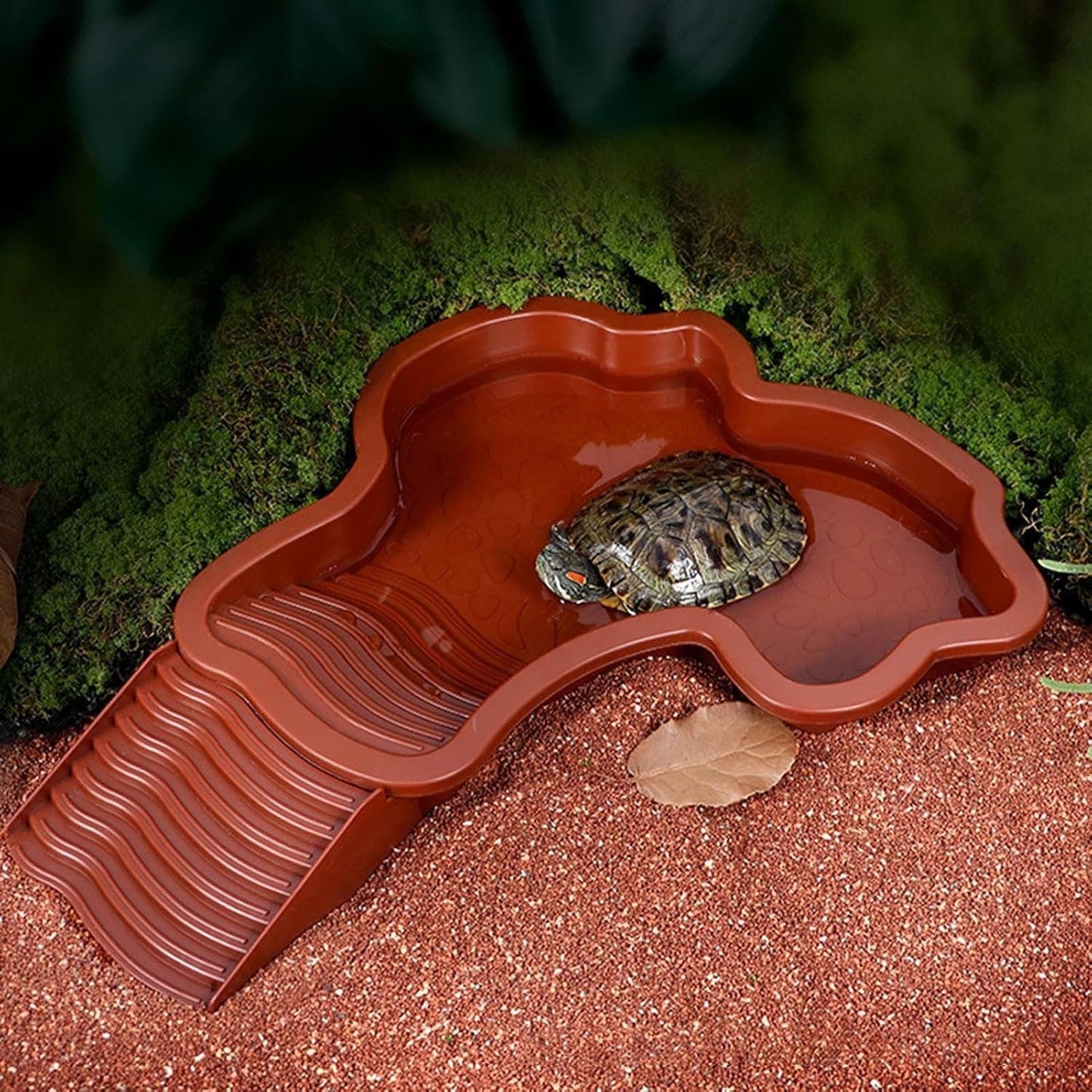 Extra Large Reptile Bathing Pool Reptile Feeding Dish Water Bowl with Ramp Aquarium Ornament for Gecko, Snake, Turtle, Bearded Dragon, Lizard Bath (Brown Red)