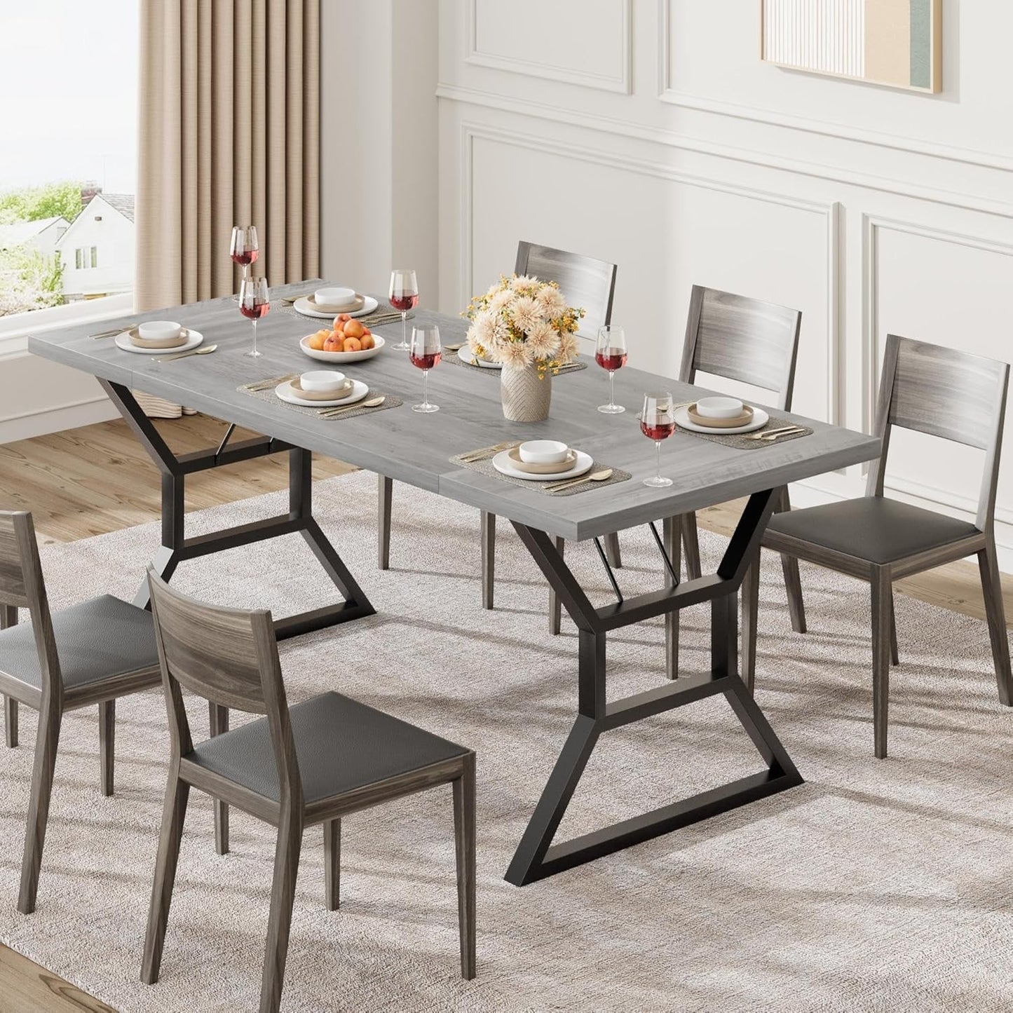 Farmhouse Dining Table for 6, Rectangular Wood Dining Table, Rustic Kitchen Table with Extra Heavy Duty Metal Legs for Dining Room, Outdoor Table for Party, 70.9 * 29.5 * 29.3 Inch (Grey)