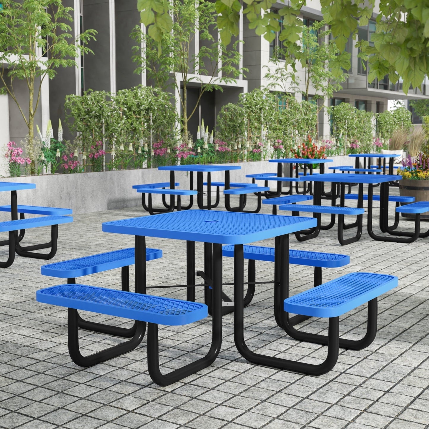 Flash Furniture 46" Square Outdoor Picnic Table with Commercial Heavy Gauge Expanded Metal Mesh Seats and Top with Umbrella Hole and Ground Anchors, Blue
