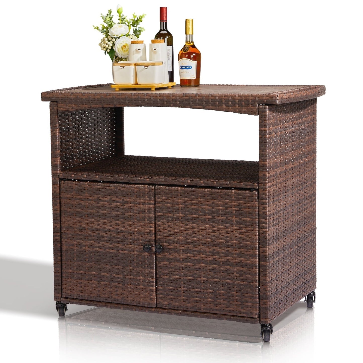 HiiKaa Outdoor Bar Cart with Storage Cabinet,Patio Wicker Sideboard Buffet Cabinet Prep Table,Kitchen Serving Cart with Rolling Wheels,Handle,Rattan Portable Bar Table with Shelves Doors Brown