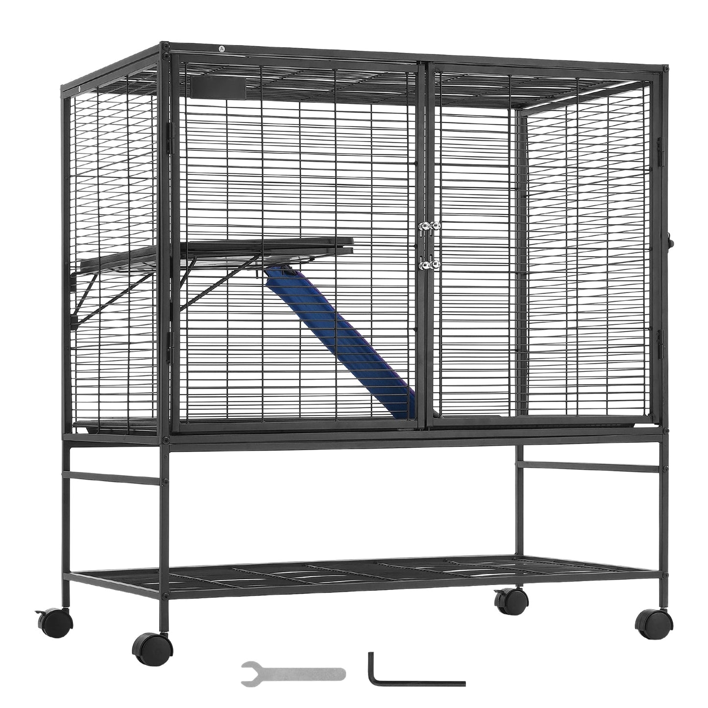 KFFKFF 39" Metal Mobile Ferret Home, Spacious Double-Deck Habitat, Includes Ramps & Tray, Simple Assembly, Ideal for Rats, Hamsters, Guinea Pigs, Chinchillas, Squirrels, Hedgehogs, Bunnies