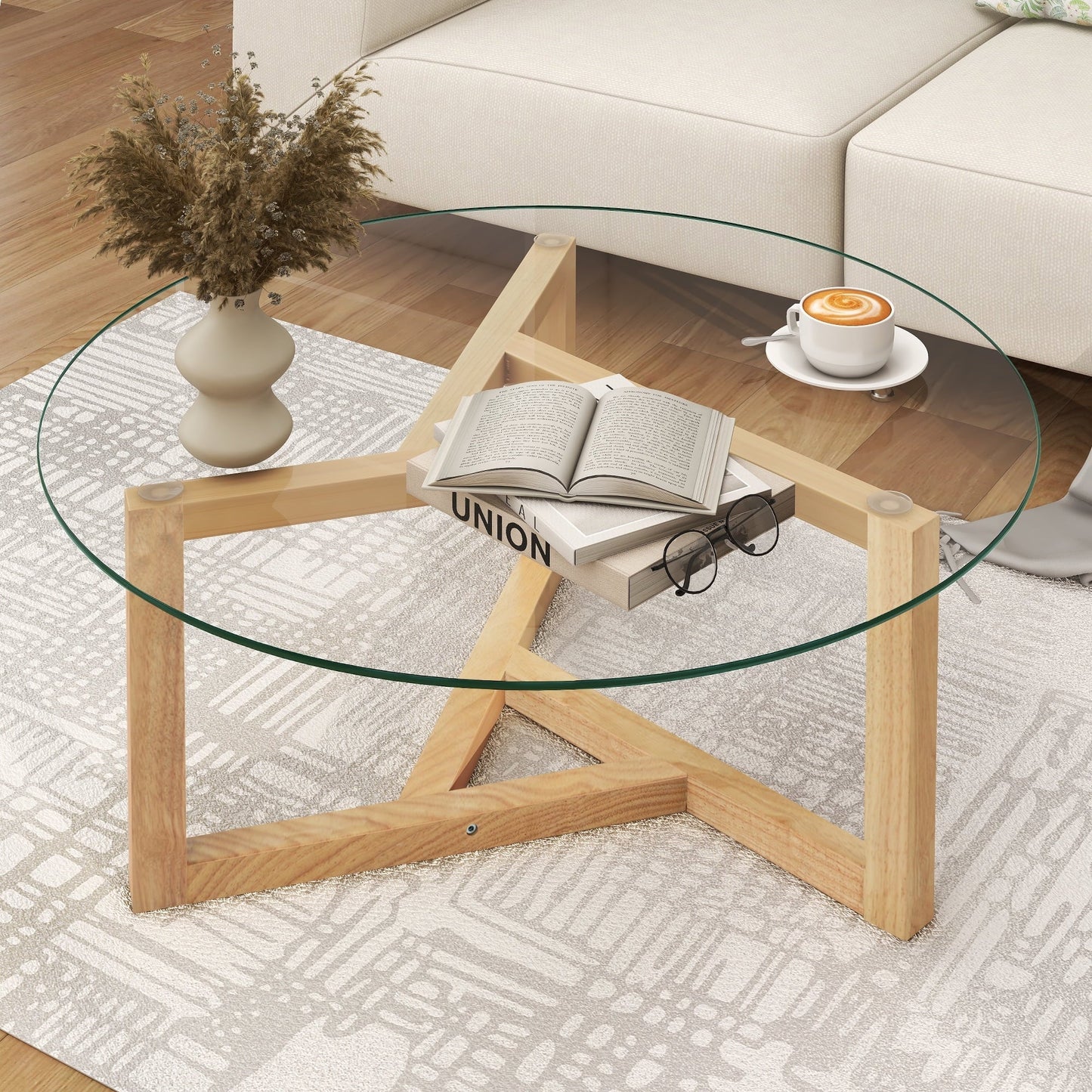 [New Picture] ON-TREND Round Glass Coffee Table Modern Cocktail Table Easy Assembly with Tempered Glass Top & Sturdy Wood Base, Natural (OLD SKU: WF190112AAL)